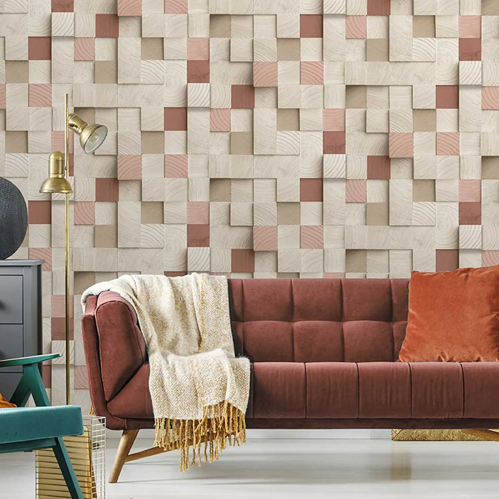 papier-peint-bois-mosaique-et-touches-rose-poudre
