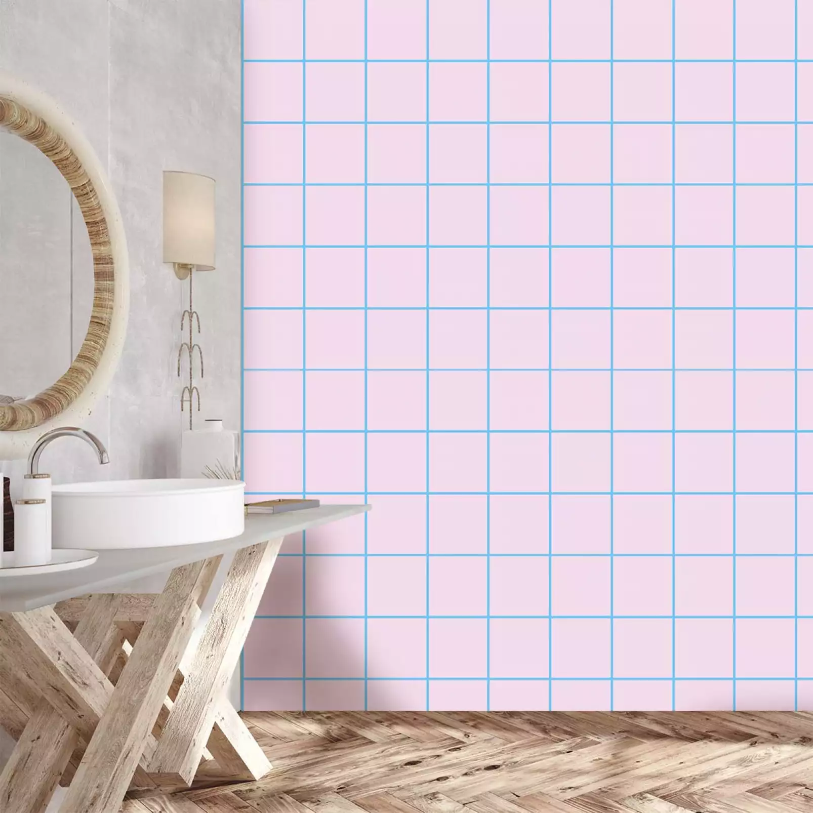tapisserie-geometrique-carreaux-rose-pastel