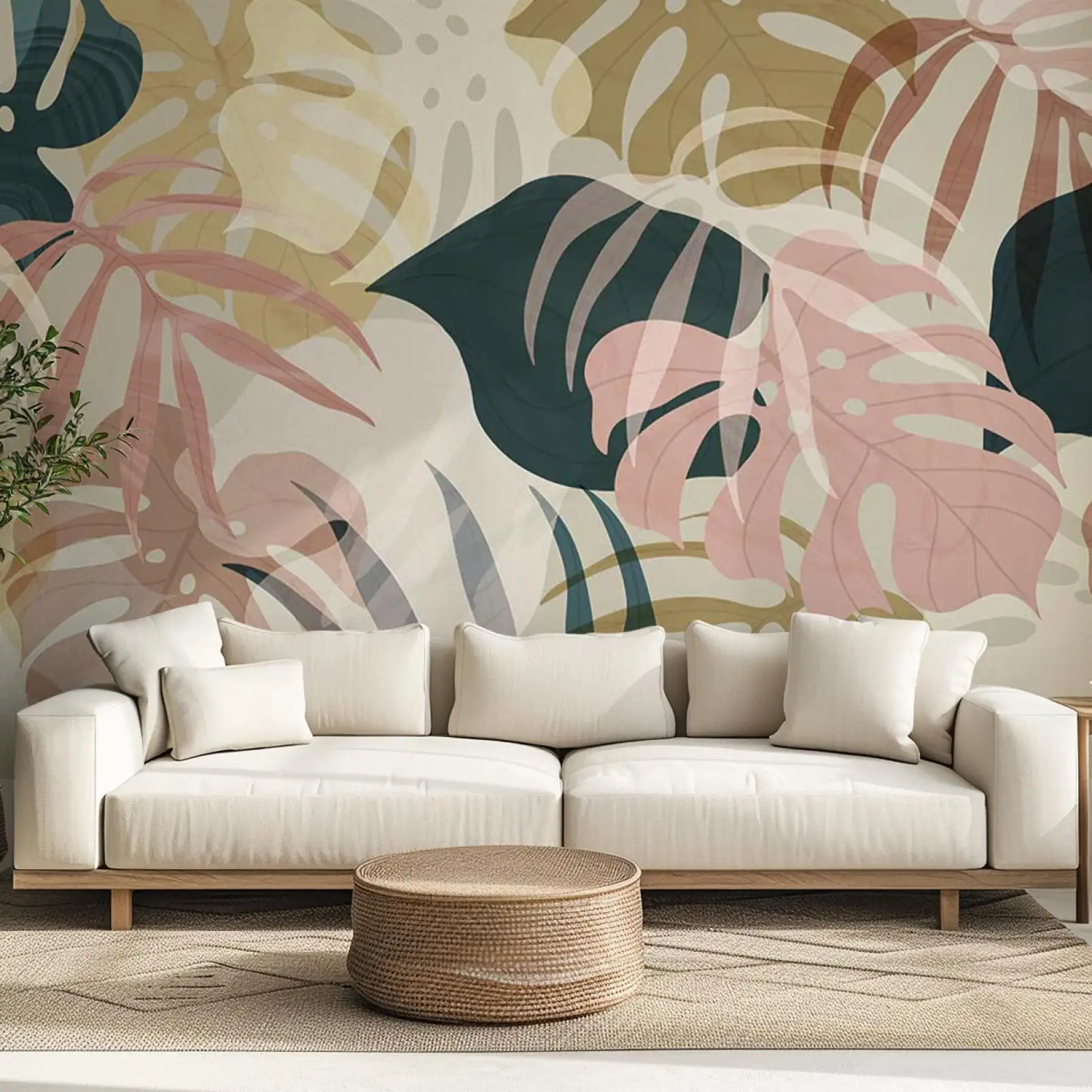 tapisserie-panoramique-feuilles-feuillage-tropical-rose